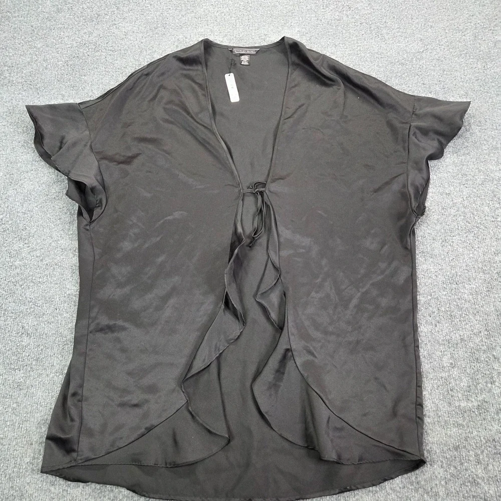 NEW Victoria Secret Robe Black Satin‎ Tie Front Sexy Ruffle One Size $58